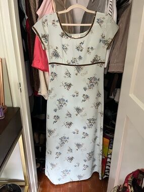 Express Light Blue Floral Maxi Dress with Brown Suede Trim